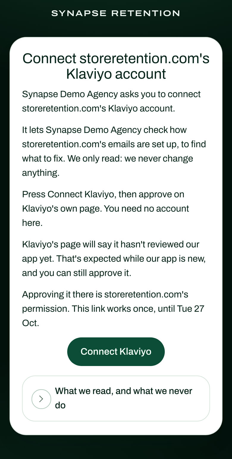 The page that link opens. It says Synapse Demo Agency asks you to connect storeretention.com’s Klaviyo account. Then comes a Connect Klaviyo button.