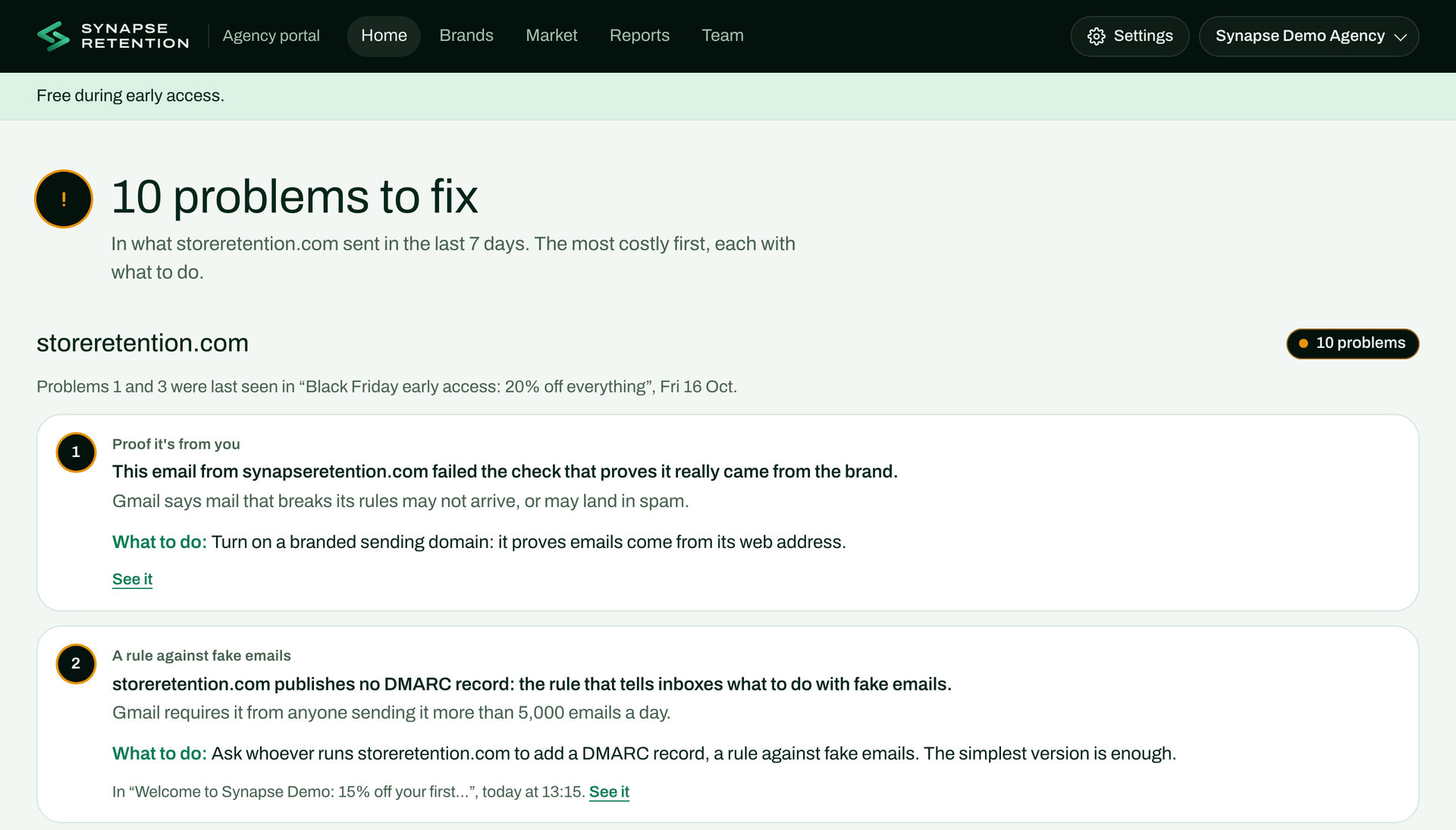 Our demo agency’s Home in the portal. It says 10 problems to fix, the most costly first, each with what to do.
