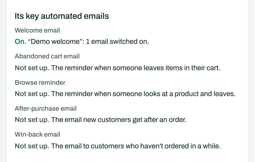 Our demo agency’s page for its test brand, in our portal. Its key automated emails: welcome email on, with 1 email switched on. Abandoned cart, browse reminder, after-purchase and win-back: not set up.