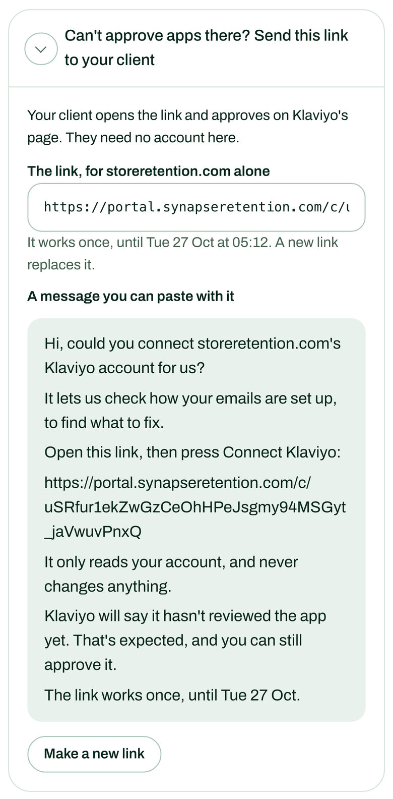 Our demo agency’s step 2 for storeretention.com, our test brand. It holds the link to send to the client, and a message to paste with it.