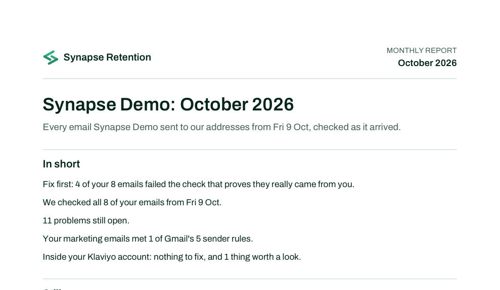 The first page of the demo’s October 2026 report as a PDF, as it stood on 13 October. In short, 4 of its 8 emails failed the check that proves they really came from it. It has 11 problems still open.